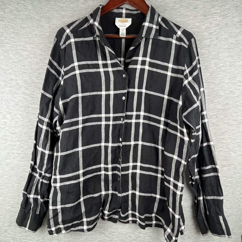Talbots Women Irish Linen Button Up Shirt Size 18 Black Plaid Beachy Capsule